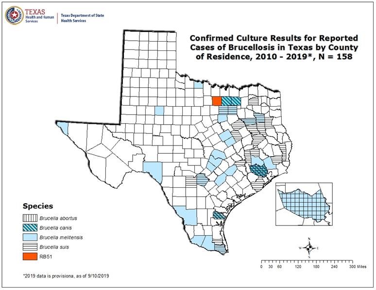 Confirmed Cases of Brucellosis in Texas by County of Residence 2010-19